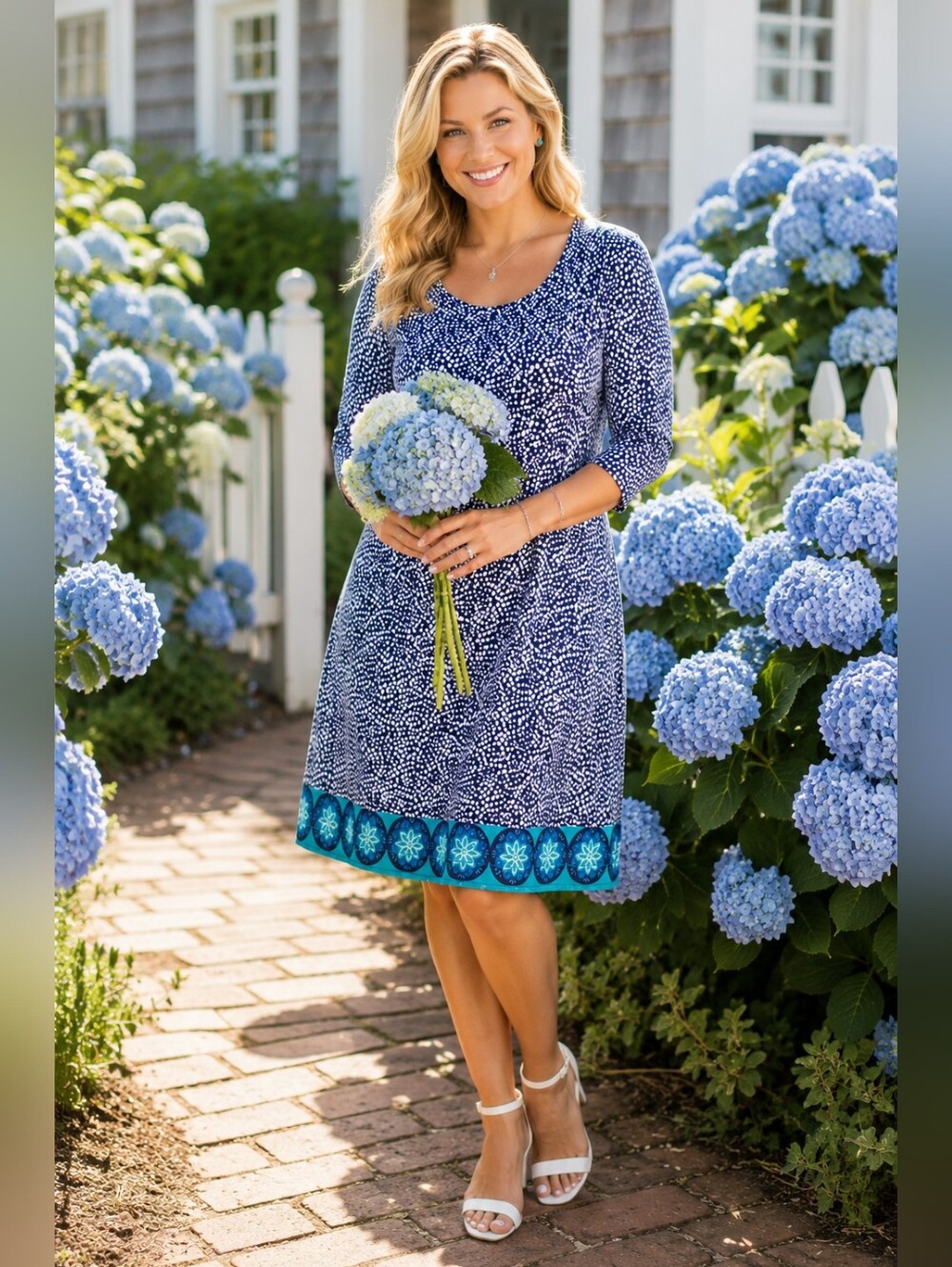 Hatley Navy and Turquoise Printed Border Hem Midi Dress Small Petite